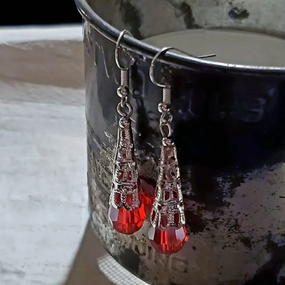 Hand Crafted Caged Filigree Faceted Red Crystal Silver Teardrop Earrings